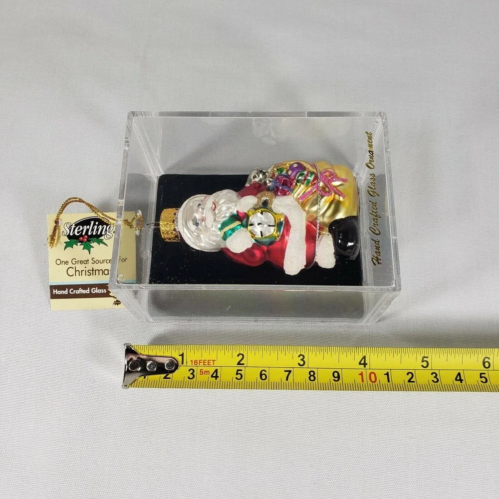 Sterling Designers Studio Hand Crafted Glass Christmas Ornament Santa w/ Toy Bag